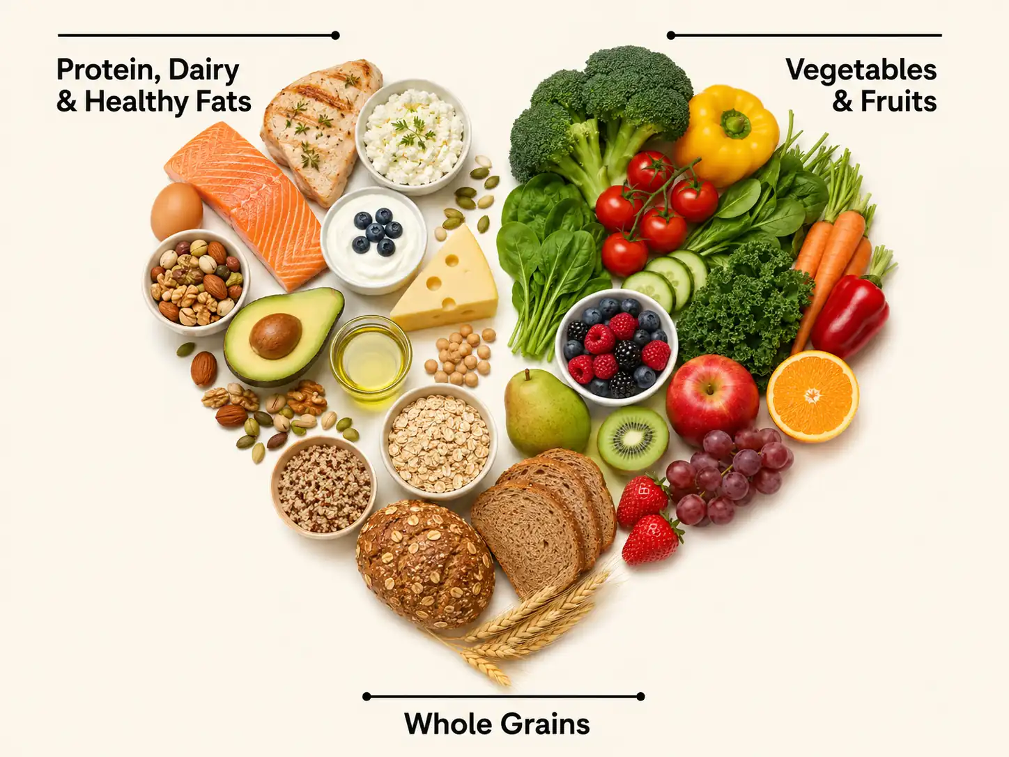 A heart-shaped arrangement of balanced-plate foods, grouped into vegetables and fruits, protein/dairy/healthy fats, and whole grains